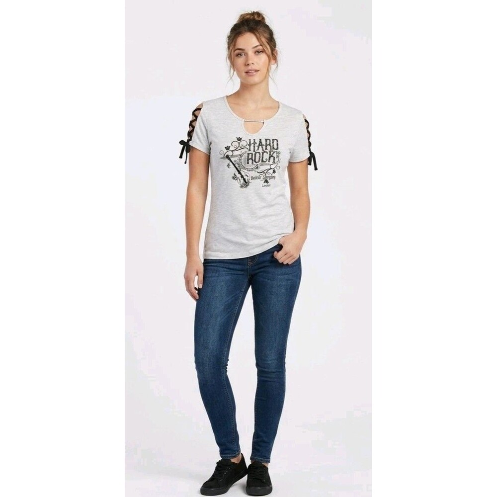 Hard Rock Guitar Co. London Grey Lattice Criss Cross Sleeve Tee Shirt Sz L